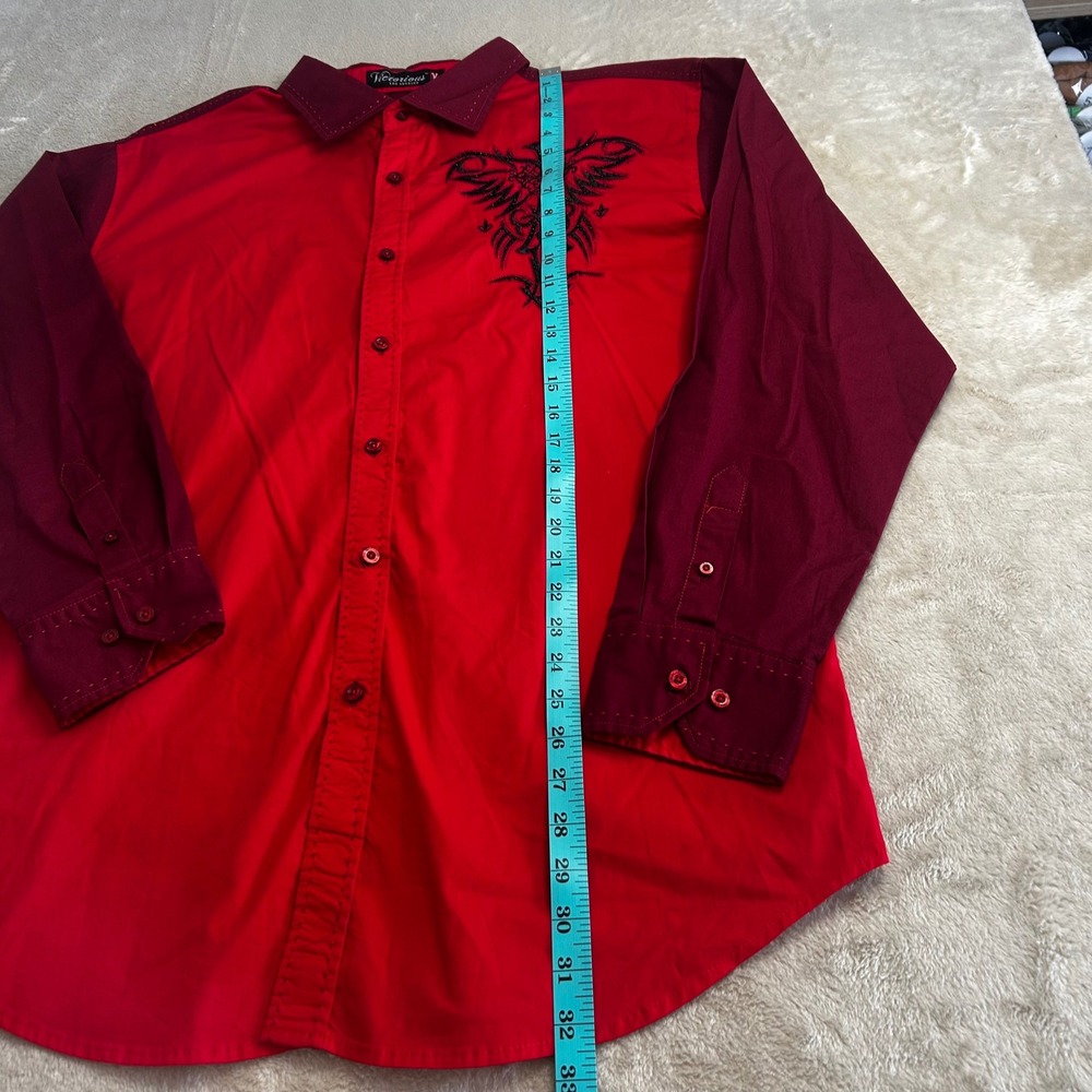Victorious‎ Men XL Red Burgundy Cyber Y2K Graphic Embroidered Button Up Shirt - Picture 5 of 6